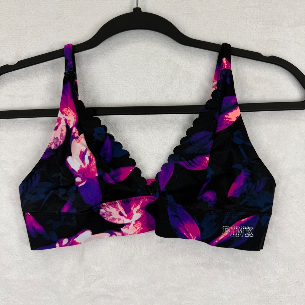 PINK Victoria's Secret‎ Bonded Bralette XS Black Purple Floral Scalloped Edge